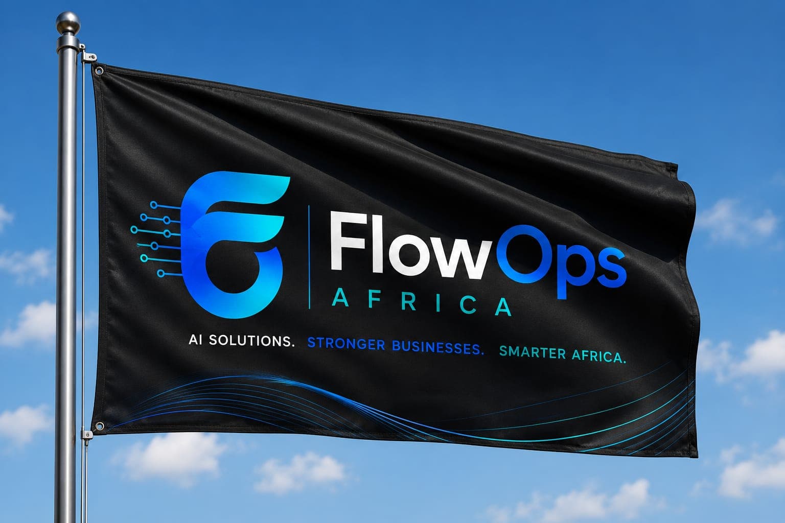 FlowOps Africa flag flying against a clear sky — AI solutions, stronger businesses, smarter Africa