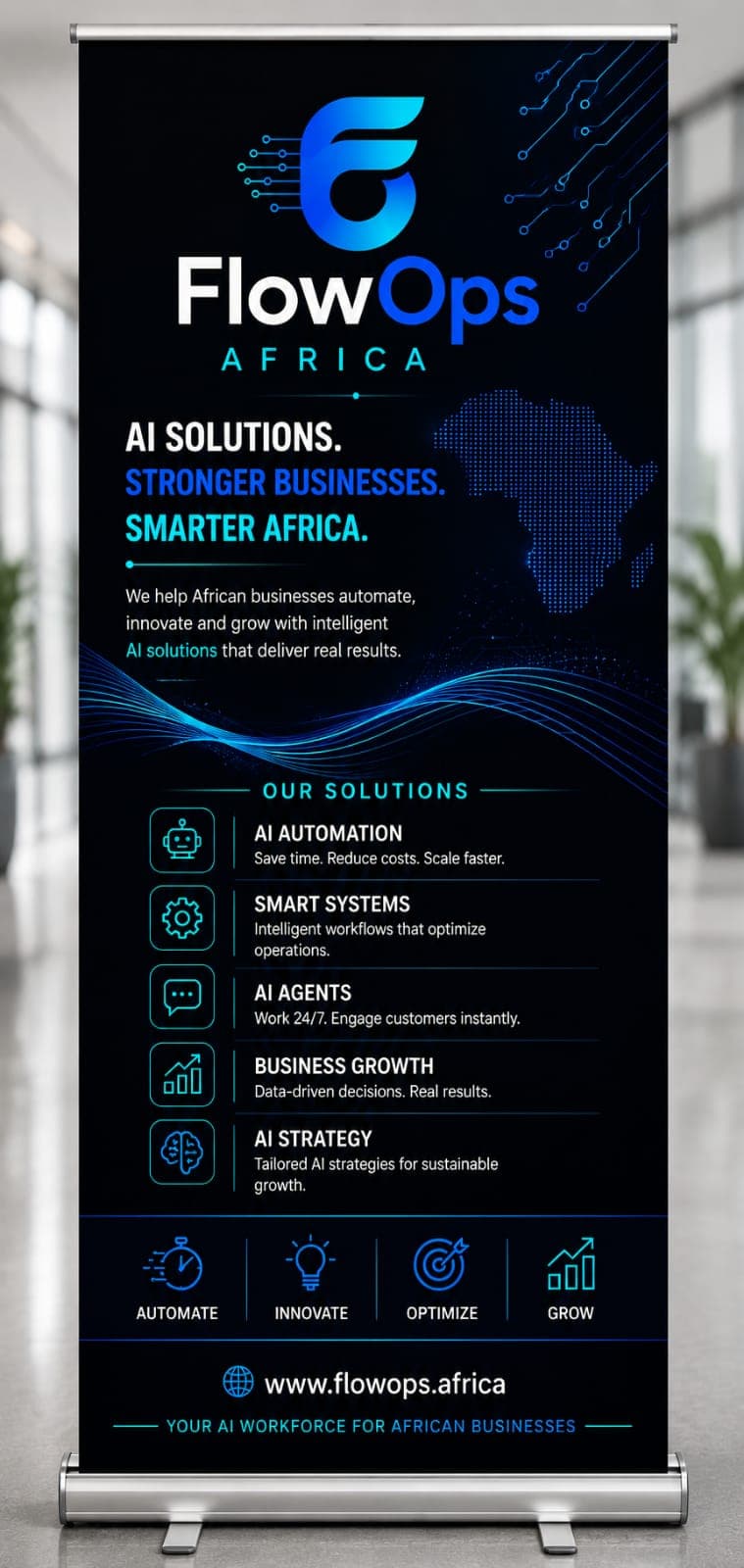 FlowOps Africa pull-up banner in a lobby — AI solutions, stronger businesses, smarter Africa